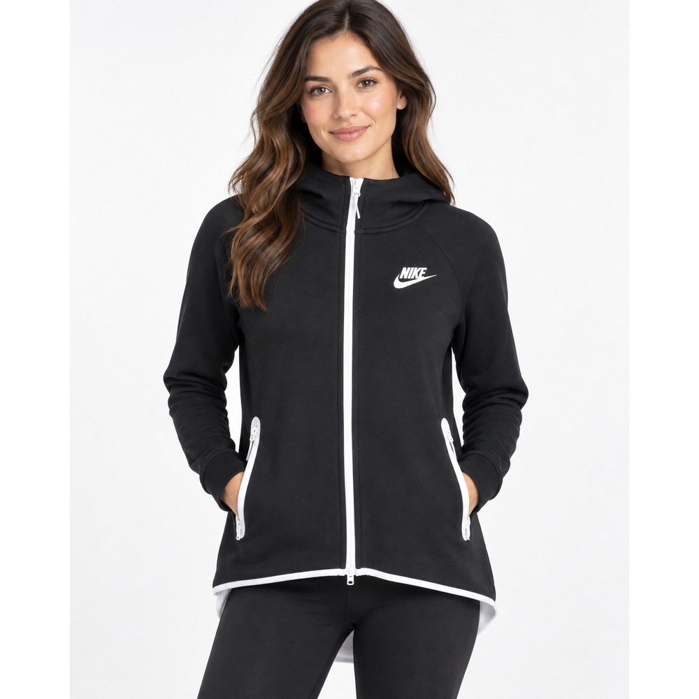Nike Tech Fleece Hoodie Womens M Black Full Zip High Low Hem Athletic Jacket